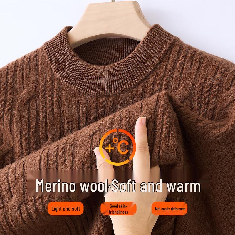 Men's 100% Pure Wool Cable Knit Round Neck Sweater