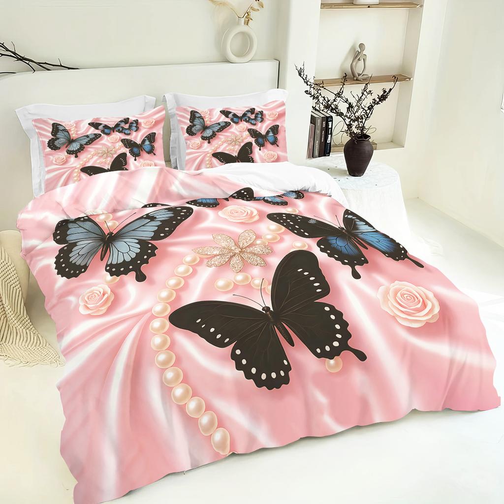 3pcs Pink Floral Butterfly Pattern Duvet Cover Set, 1 Duvet Cover+2 Pillowcases, Coreless. Soft and Comfortable Bedding Set