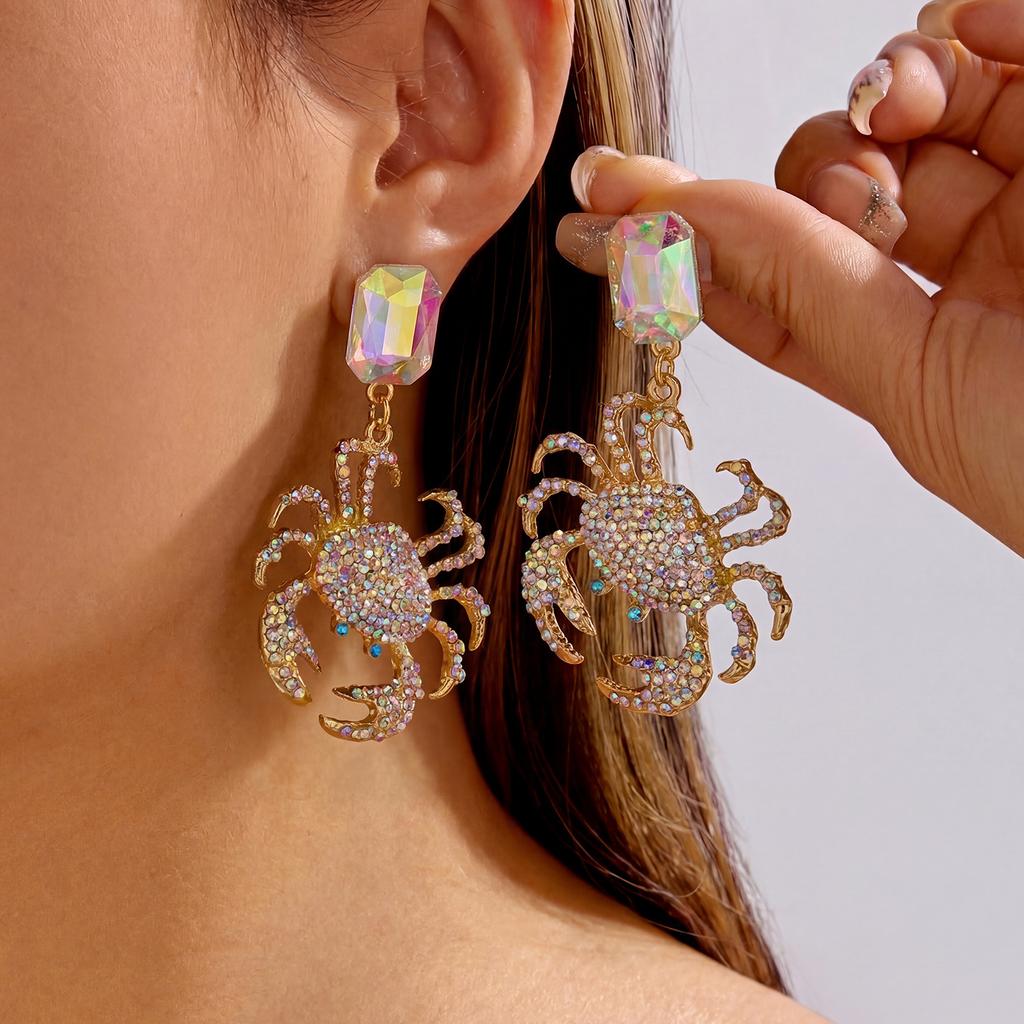Summer Full Rhinestone Crab Earrings for Women Red Crystal Zircon Cute Sea Animal Drop Earring Beach Vacation Statement Zircon