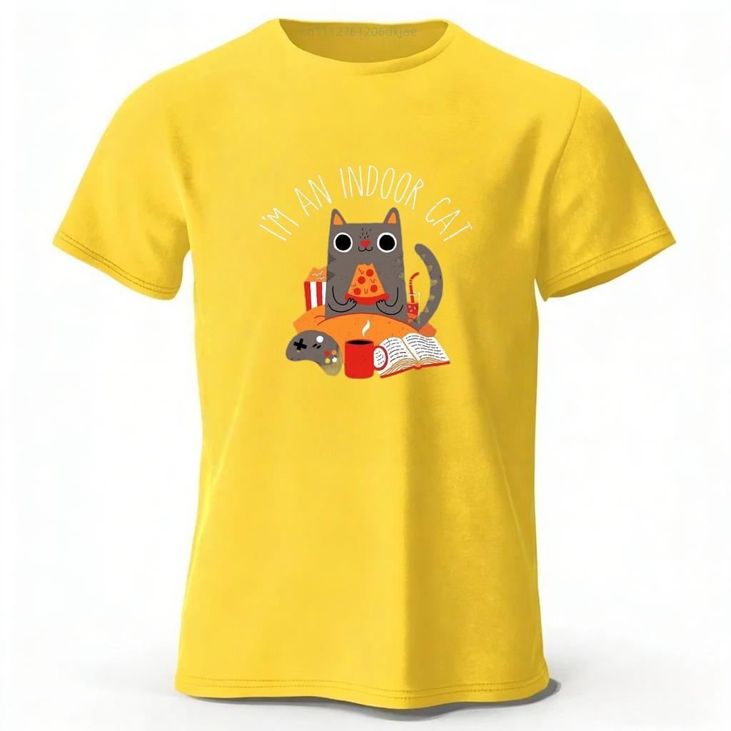 Home Style Pizza Cat Print Pure Cotton Short Sleeved Shirt Summer Menswomens Street Casual Trend Tshirt Large Size Loose Top