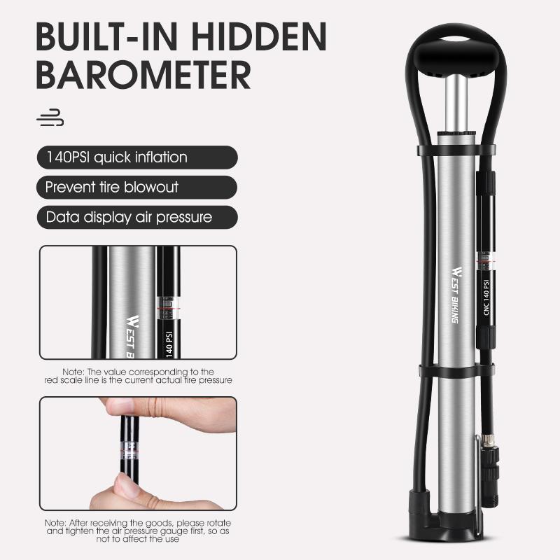WEST BIKING 140psi High-pressure Bike Pump with Gauge for Fork Hand Cycling Tire Inflator Schrader Presta Valve Bicycle Pump