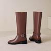 Krazing Pot Cow Skin Autumn Winter Shoes Riding Boots Round Toe Keep Warm Metal Square Buckle Med Heels Thigh High Boots