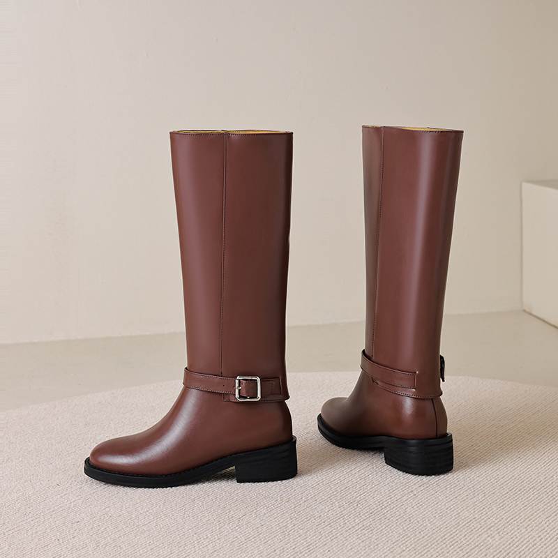 Krazing Pot Cow Skin Autumn Winter Shoes Riding Boots Round Toe Keep Warm Metal Square Buckle Med Heels Thigh High Boots