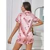 Пижамный комплект из сатина с цветочным и буквенным принтом, повседневный топ с коротким рукавом, пуговицами, лацканами и эластичными шортами, женская одежда для сна