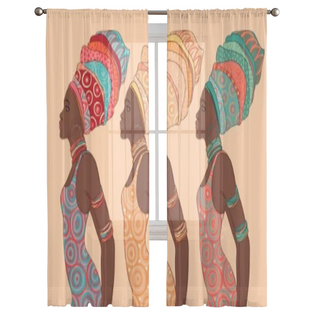 Pretty African American Woman Traditional Chiffon Sheer Curtains for Living Room Bedroom Window Curtain Voiles Tulle Cortinas