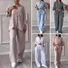 2Pcs/Set Women Shirt Pants Set Solid Color Long Sleeves Single-breasted V Neck Blouse Elastic Waist Loose Wide Leg Trousers Casual Commute Clothes