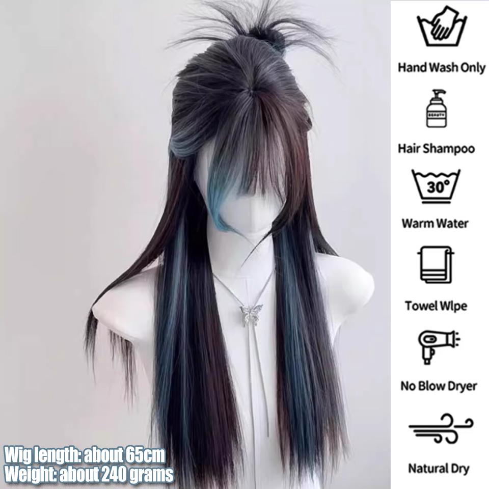 WTB Синие пряди Длинный прямой синтетический парик Женский Длинные волосы Коричневый Черный пряди Синий Пушистый Регулируемый Длинный прямой парик