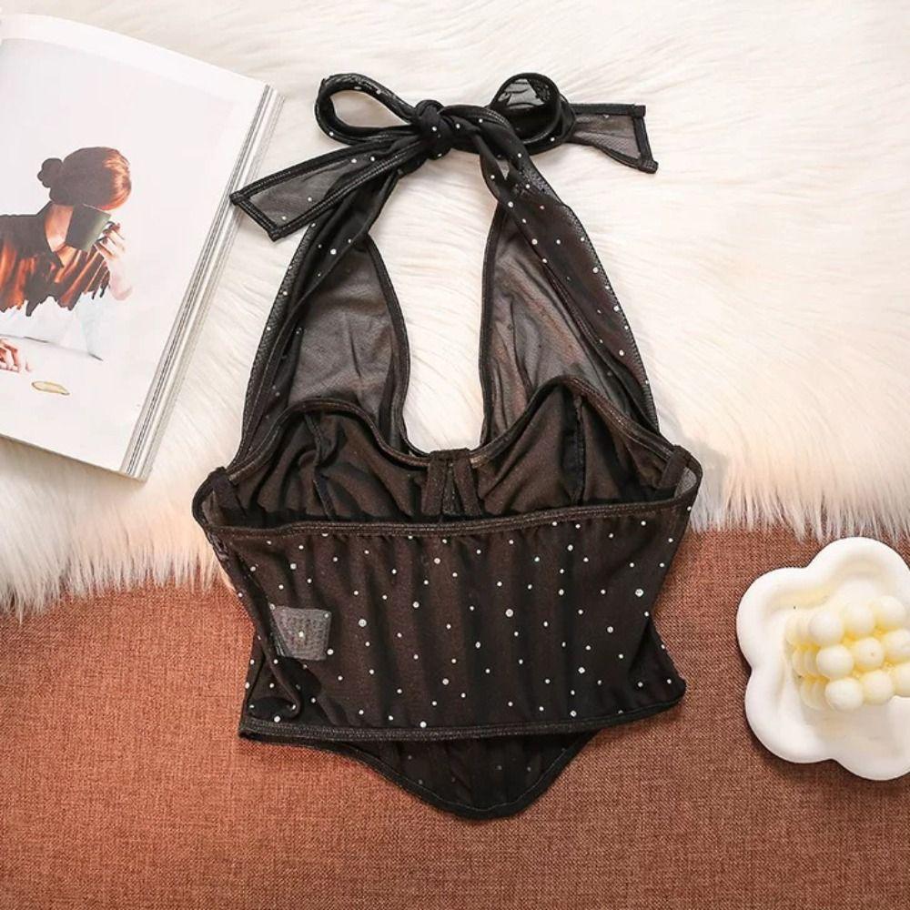 Sleeveless Mesh Crystal Camisole Slim Fit Corset Fishbone Camisole Neck Halter Crop Top Party