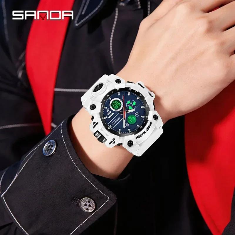 SANDA Fashion Man Military Watch Dual Time 50M Waterproof TPU Strap Chronograph Outdoor Sports Men's Watch Classic Student Watch
