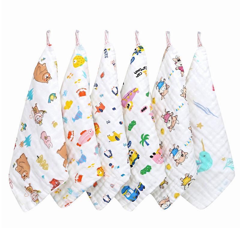 5Pcs Six Layers Gauze Multi-size Baby Towel Highly Absorbent Cotton Soft Square Towels Cartoon Print Kids Handkerchief