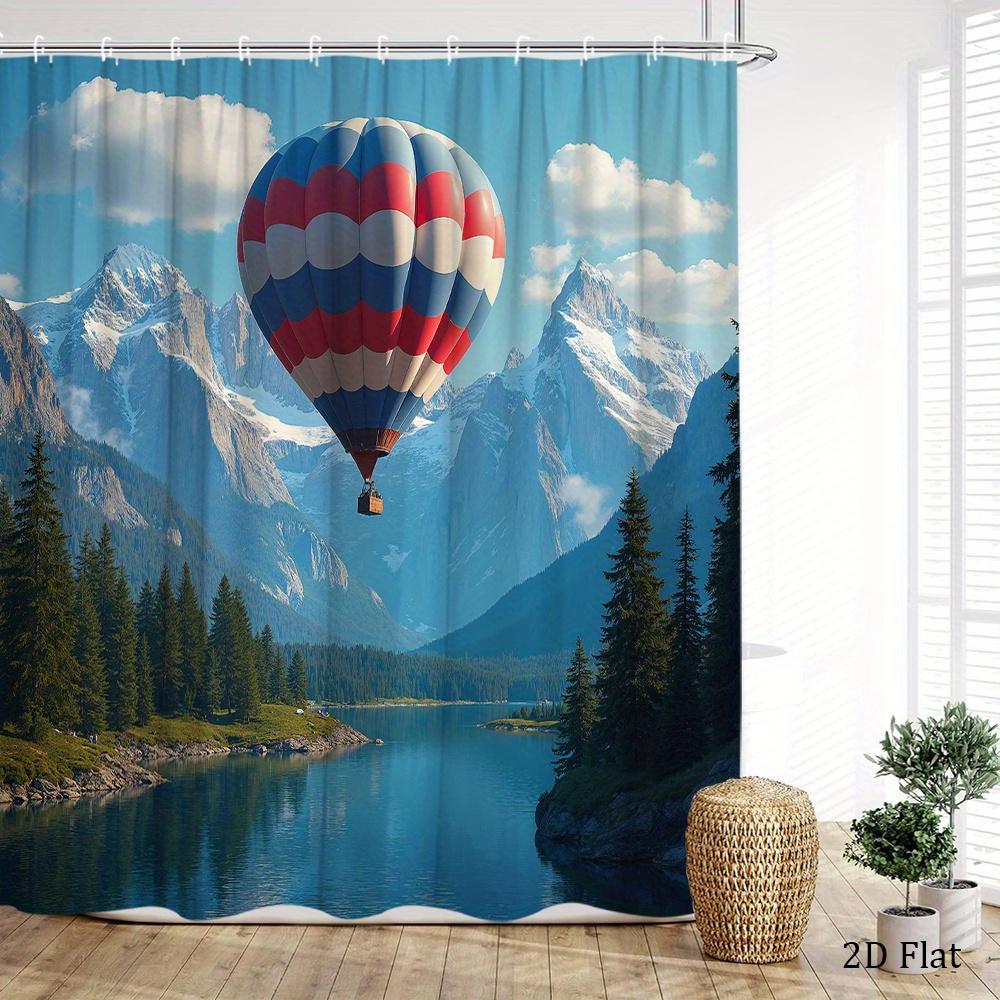 Hot Air Balloon Shower Curtain Mountain Lake Landscape Print Polyester Bath Curtain With Hooks For Nature Adventure Decor