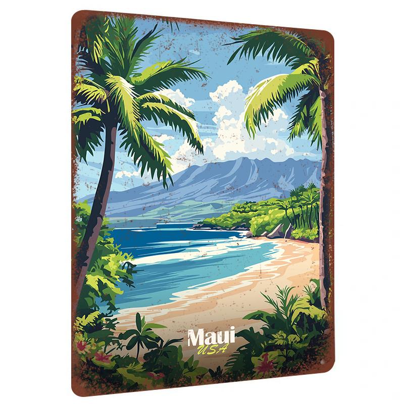 Tropical Metal Wall Art Maui Beach Coconut Tree Mountain Scenery Home Decorative Painting