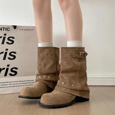 Зимние плиссированные женские западные ботильоны до щиколотки Модные туфли с заклепками и ремешком с пряжкой Женские лаконичные винтажные ботильоны на толстом каблуке