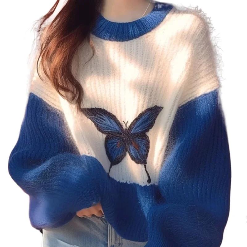 Женский контрастный синий свитер с длинными рукавами и круглым вырезом, вязаный свитер, свободный женский зимний топ с принтом бабочек