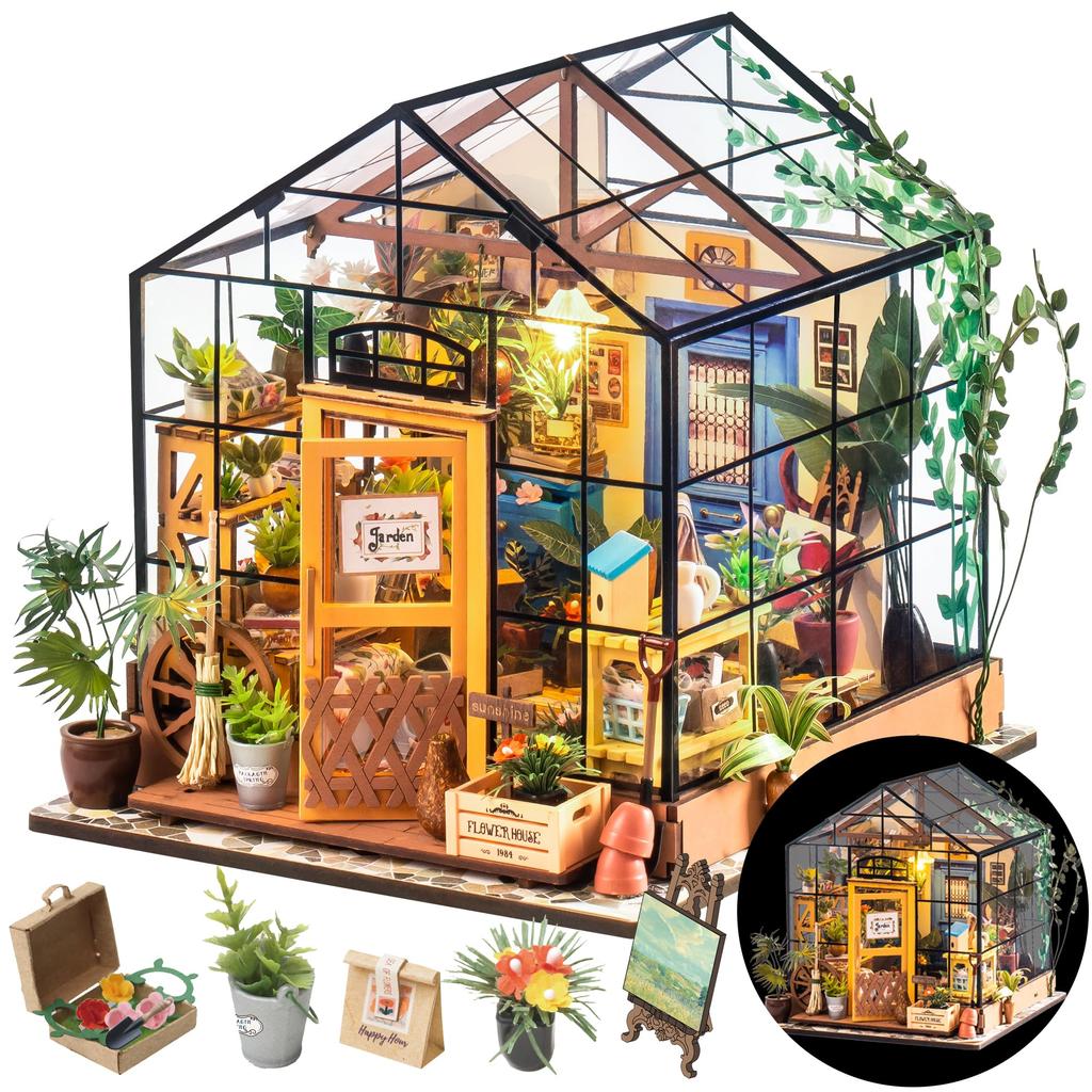 Rolife Dollhouse Miniature House Miniature Kit Flower Shop with LED Plastic Model Living Room DIY Doll House Figure Accessory Toy Interior Easy To