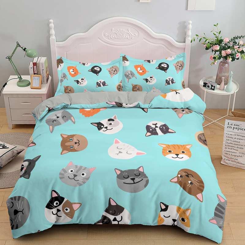Комплект постельного белья с рисунком милых котов, 3D-набор пододеяльников, двуспальная кровать, двуспальная кровать, наволочка, постельное белье, 2/3 шт. для детей