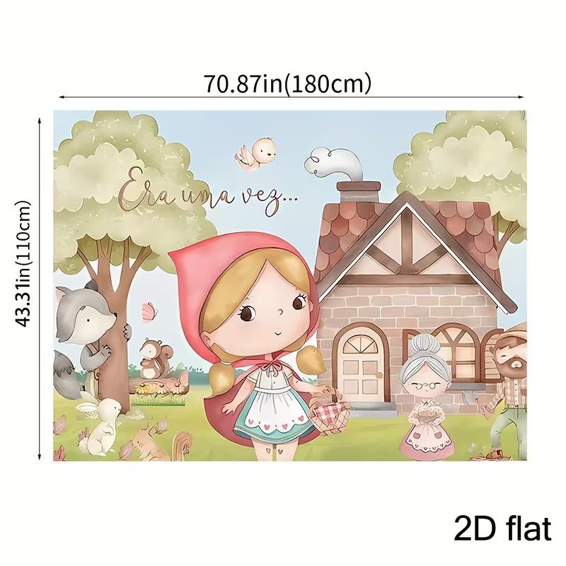 2D Watercolor Red Riding Hood Backdrop, Cute Wolf & Grandma Banner