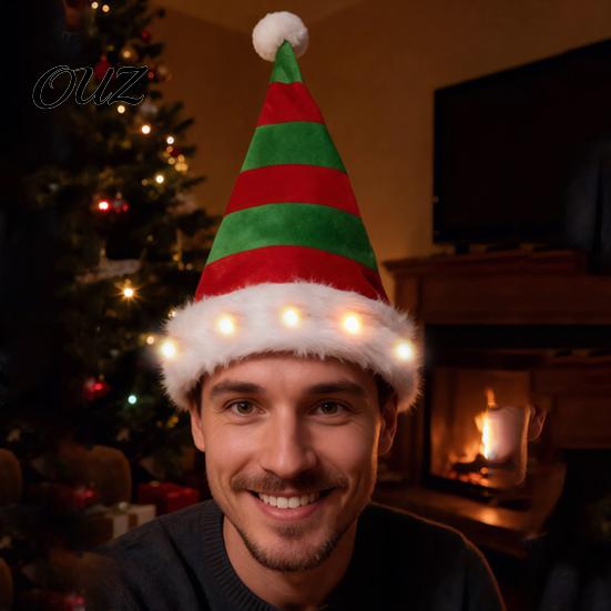 Universal Size Festive Hat Light Up Christmas Tree Hat, Striped Plush LED Party with Glowing Holiday Headwear Fur Trim, Cosplay Costume Accessory for