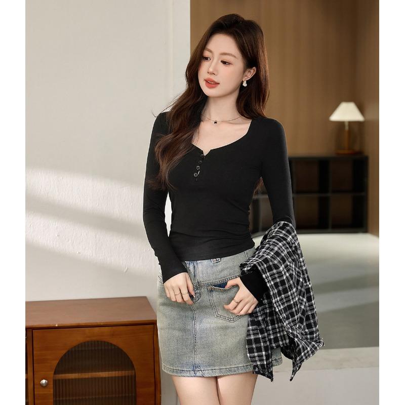 Chic Button Design T-shirt Women Fall New Slim Spice Sexy Long Sleeve Top