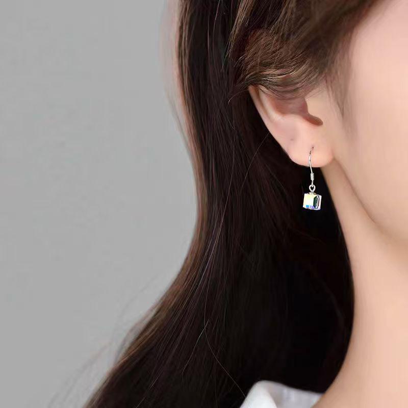 Iridescent AB Aurora Borealis Square Faceted Crystal Charm Drop Earrings Silver Wire Hook Dainty Casual Ladies Accessories