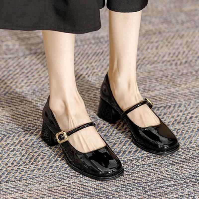 2024 Новые популярные высококачественные однотонные глянцевые женские туфли на каблуке с толстым квадратным носком и средним каблуком