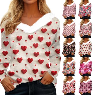 Женская рубашка с длинными рукавами и принтом «Валентинная любовь», повседневная свободная футболка с V-образным вырезом