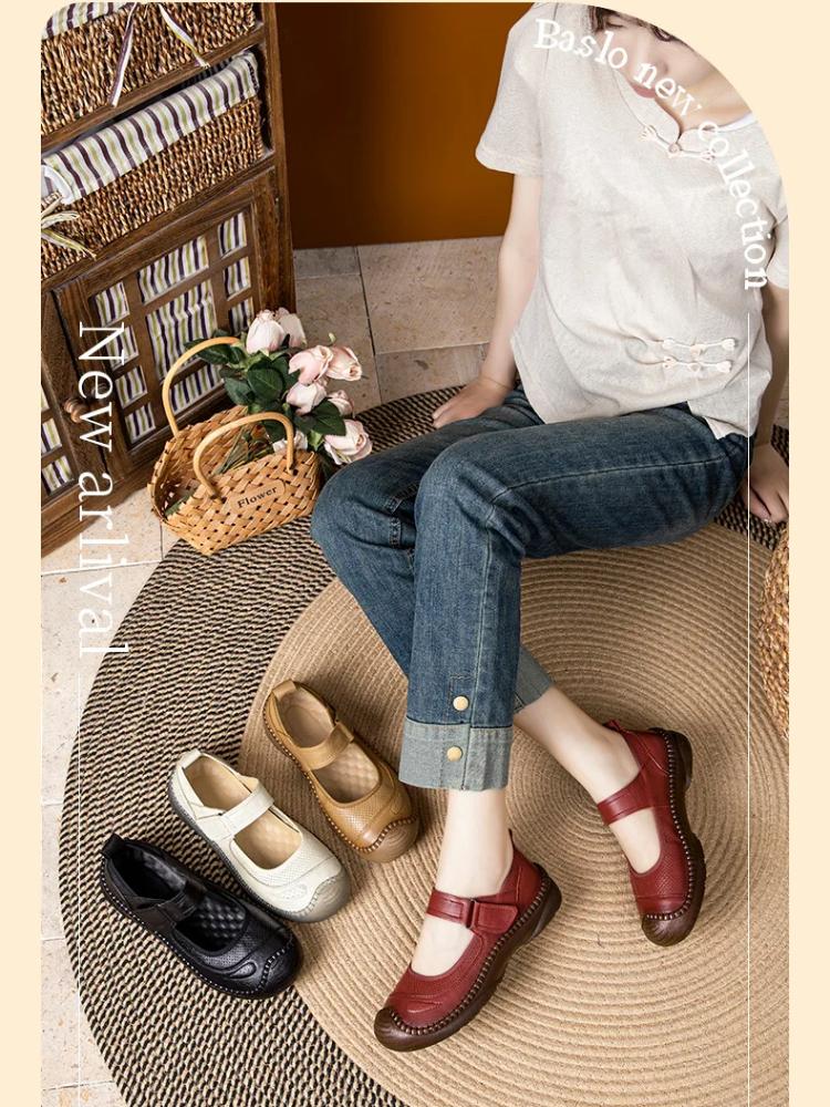 Johnature Genuine Leather Soft Soled Flat Shoes Retro Round Toe Shallow Versatile Comfortable Women's Shoes