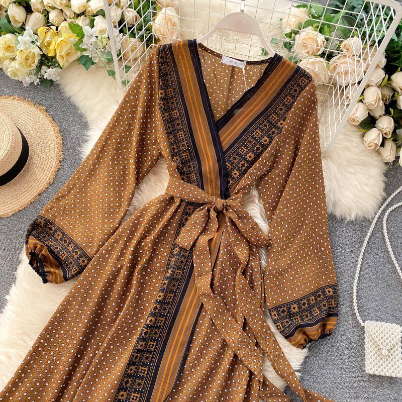 Ретро принт с кружевной талией, темпераментным v-образным вырезом, длинное платье с рукавами воздушного пузыря, женское осенне-зимнее платье