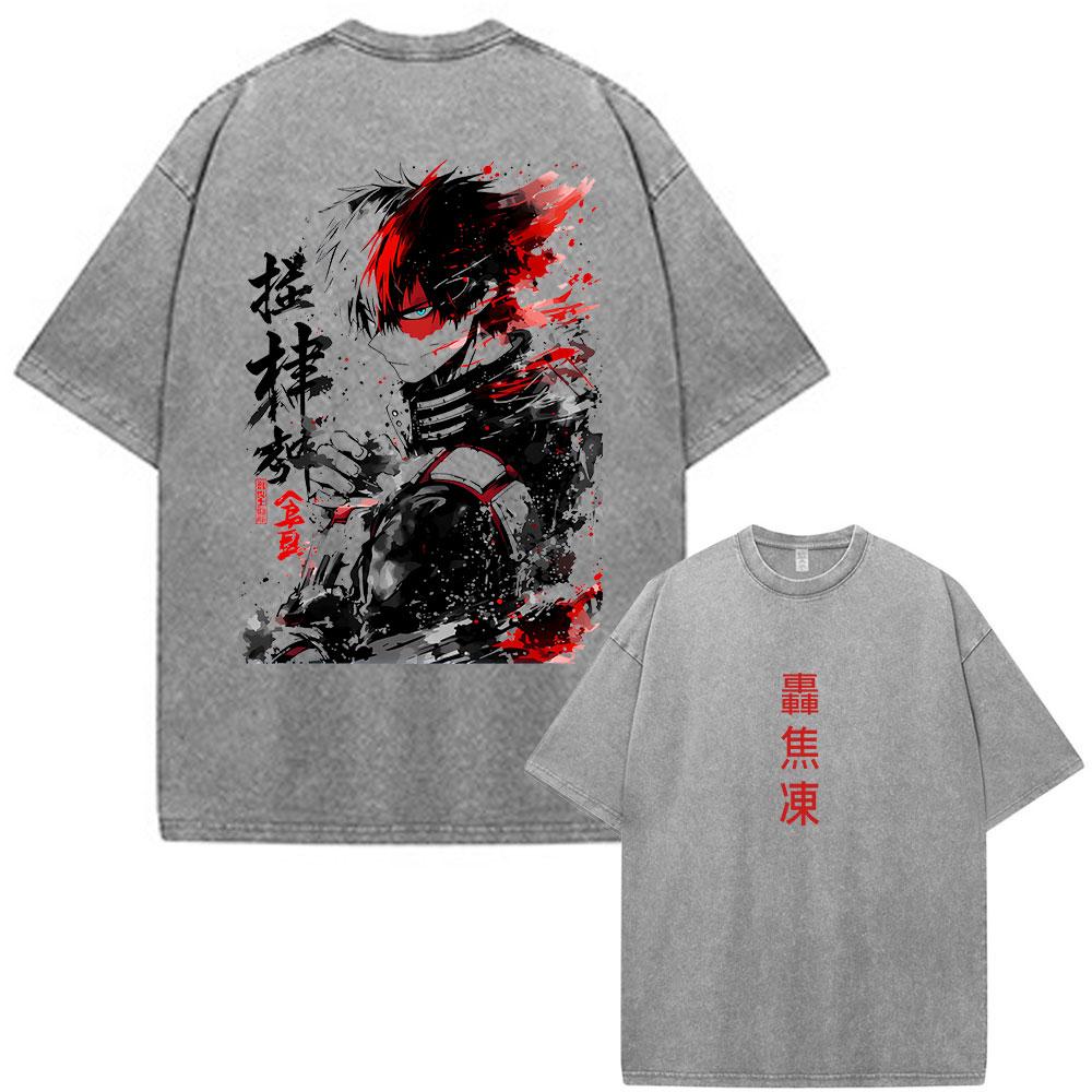 Anime My Hero Academia Vintage Washed T Shirts Shoto Todoroki Graphic T-shirt Men's Women Cotton Oversized Short Sleeve T Shirt