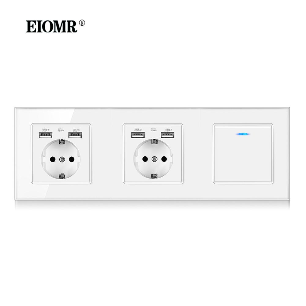 EIOMR Стандарт ЕС 16А Закаленное Хрустальное Стекло Панель Настенная Розетка Электророзетка Электрическая Вилка с USB 5В 2100мА AC110-250В Белый