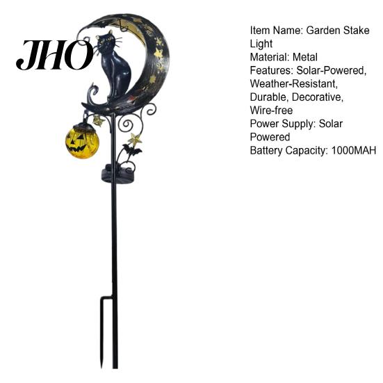 Hanging Pumpkin Halloween Decor Solar Garden Stake Light, Metal Black Cat & Moon Waterproof Crescent Pathway Lights Decorations for Lawn Patio