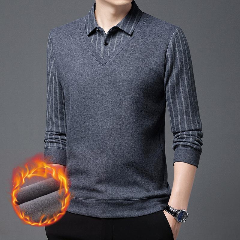 Мужская рубашка-поло из двух частей для отдыха среднего возраста, зимняя, для папы, плюс утолщенная теплая рубашка из бархата, вязаный шерстяной свитер