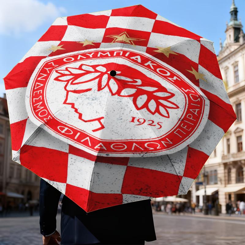 Olympiacos Fc Crest Emblem Umbrella Folding umbrella, automatic umbrella 8-Frame for Travel, camping Use Gift for Halloween Christmas