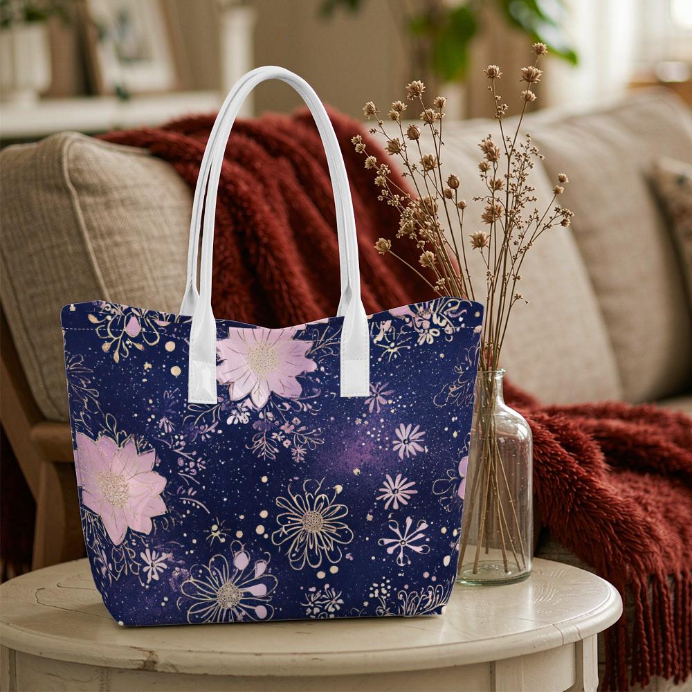 Purple Floral Print Shoulder Bag Casual Fashion Large Capacity Daily Tote Handbag