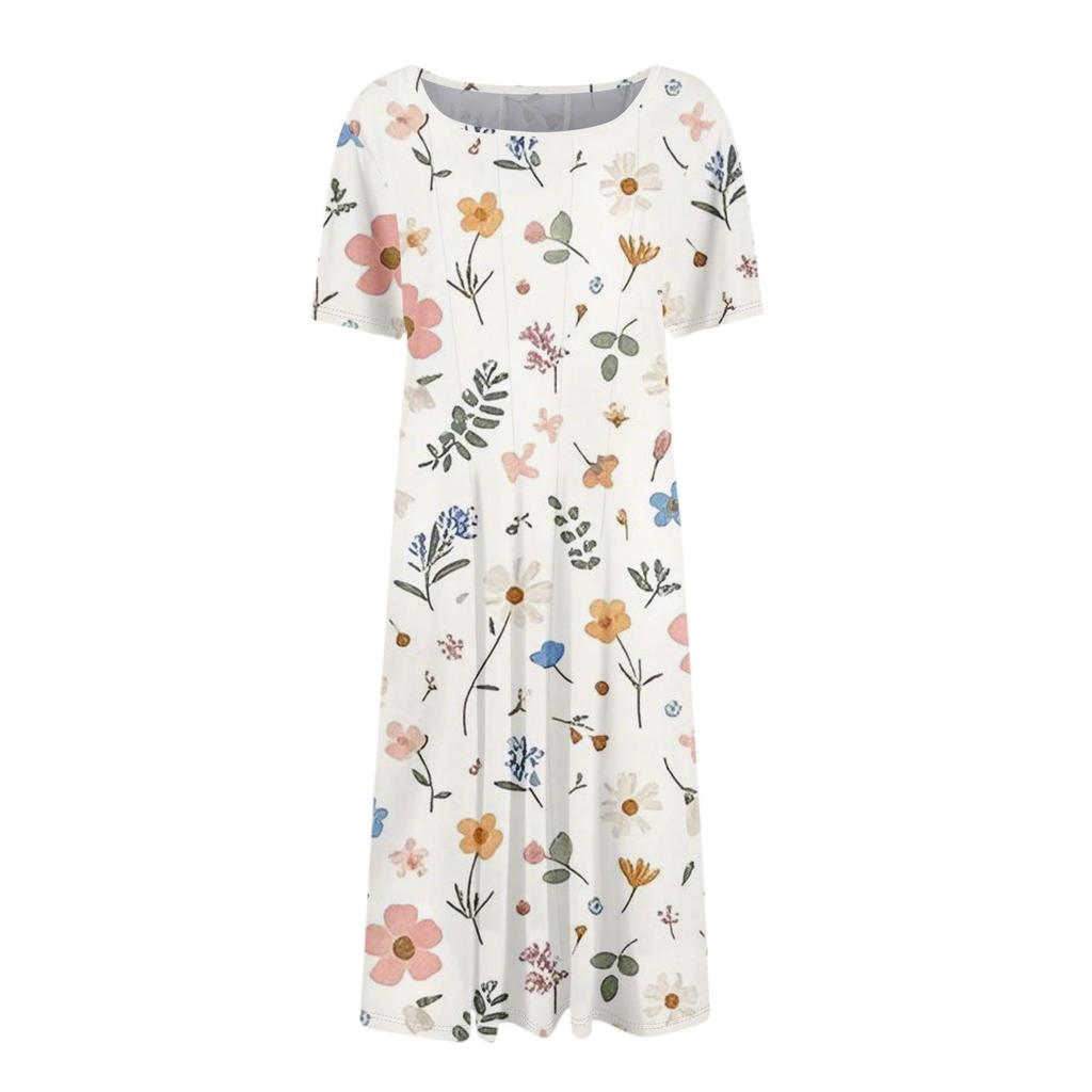 Женское повседневное модное платье миди с круглым вырезом и коротким рукавом с цветочным принтом