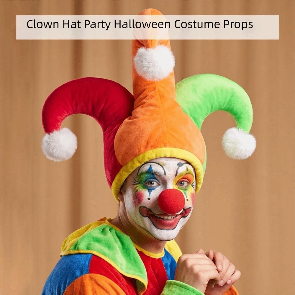 Color Block Clown Hat with White Pom Poms Halloween Party Hat Funny Joker Hat Party