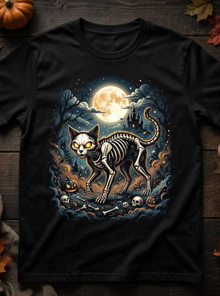 Skeleton Cat Shirt Vintage Spooky Cat Pumpkin Moon Gothic Halloween T-Shirt