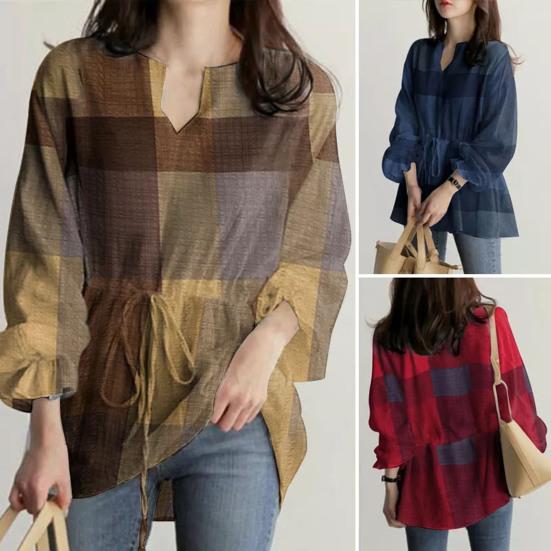 V-образный вырез с рюшами Манжеты на талии Шнуровка в клетку с принтом Повседневная блузка Простой повседневный стиль