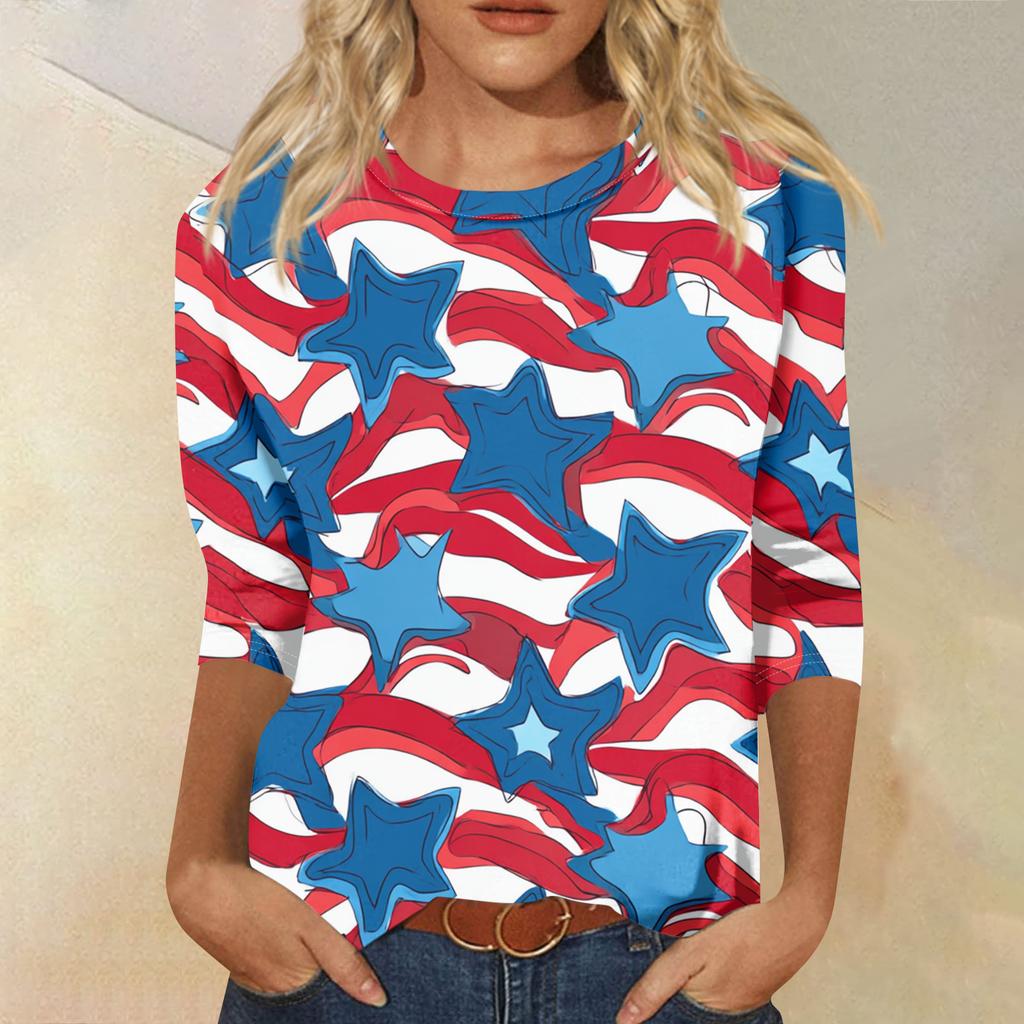 Женская Модная Повседневная Футболка с Семирукавным Принтом на День Независимости с Круглым Вырезом