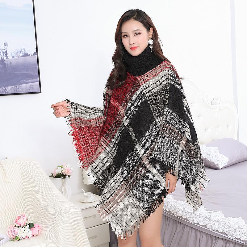 European and American High Neck Plaid Cape - Batwing Sleeve Knitted Pullover Shawl for Women