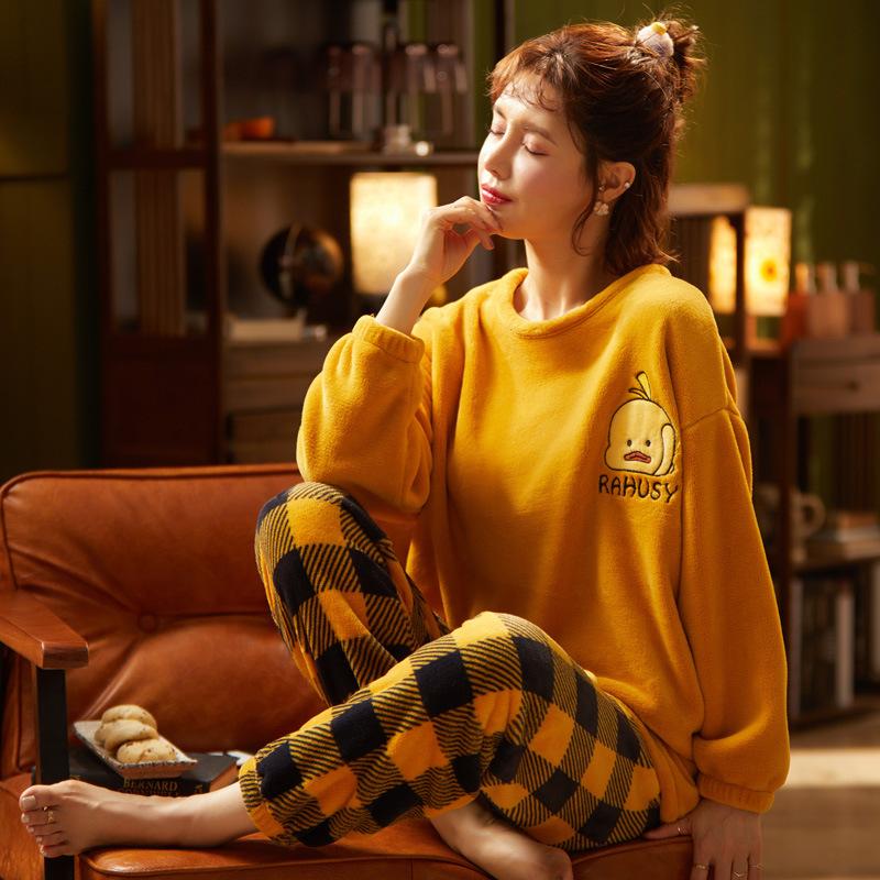 Women's Long-sleeved Flannel Pajamas Set Spring Autumn Cartoon Sleepwear Thickened Warm Printing Plush Cute Sleeping Suit Set