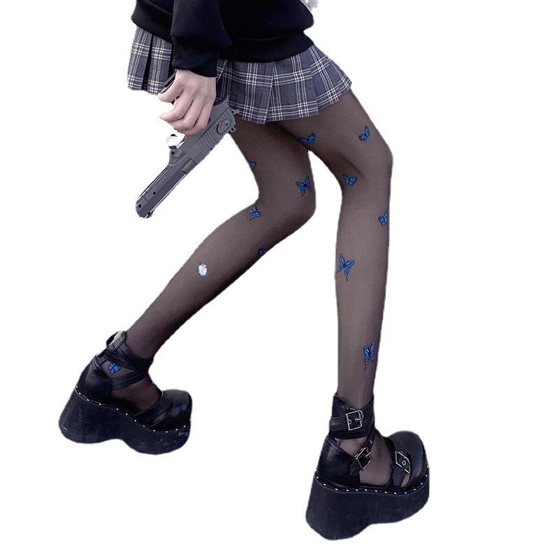 Butterfly Print Women's Stockings - Spring & Autumn Thin, Blue & White Trendy Socks