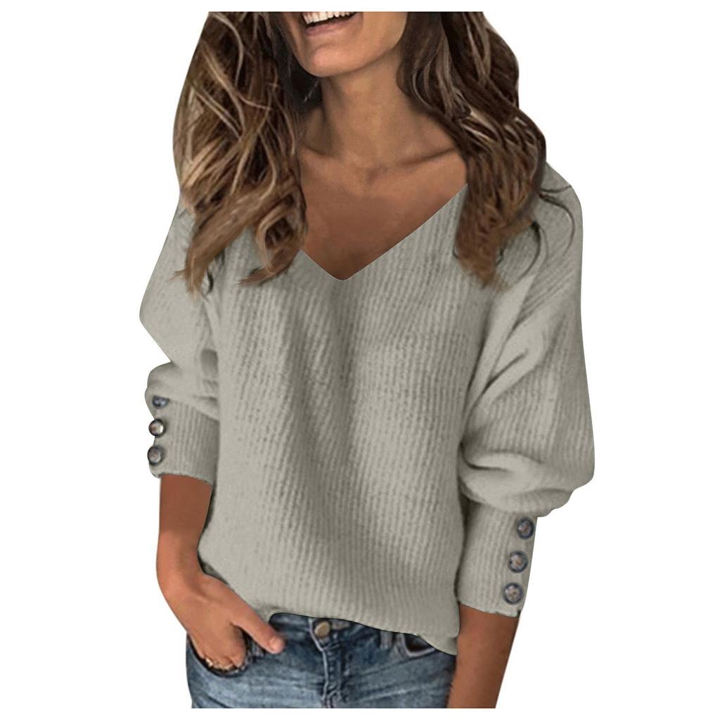 Женский однотонный вязаный сексуальный свободный свитер с длинными рукавами и v-образным вырезом