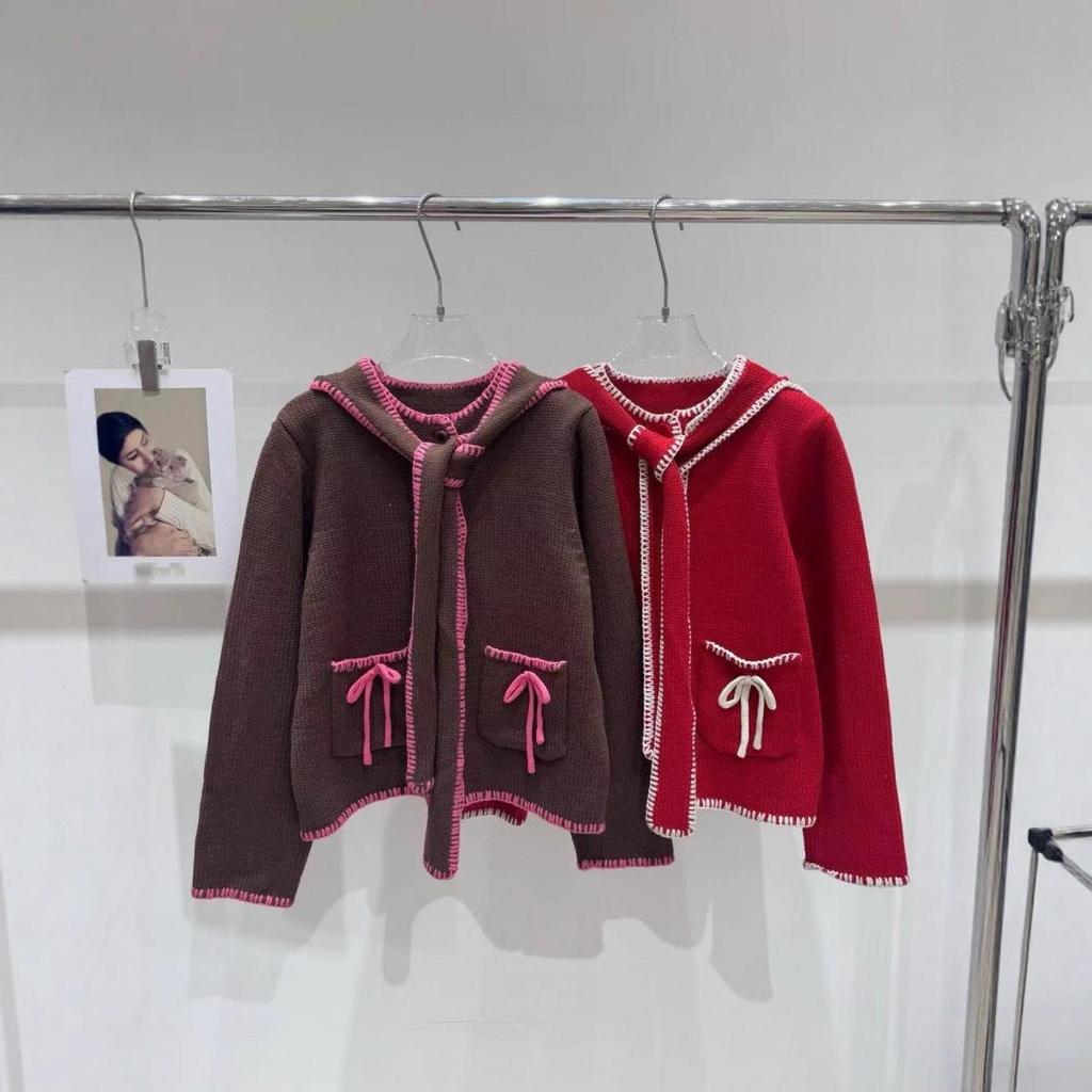 Red Detachable 3D Ears Hooded Knit Cardigan with Pockets - Versatile, Age-Reducing Outerwear