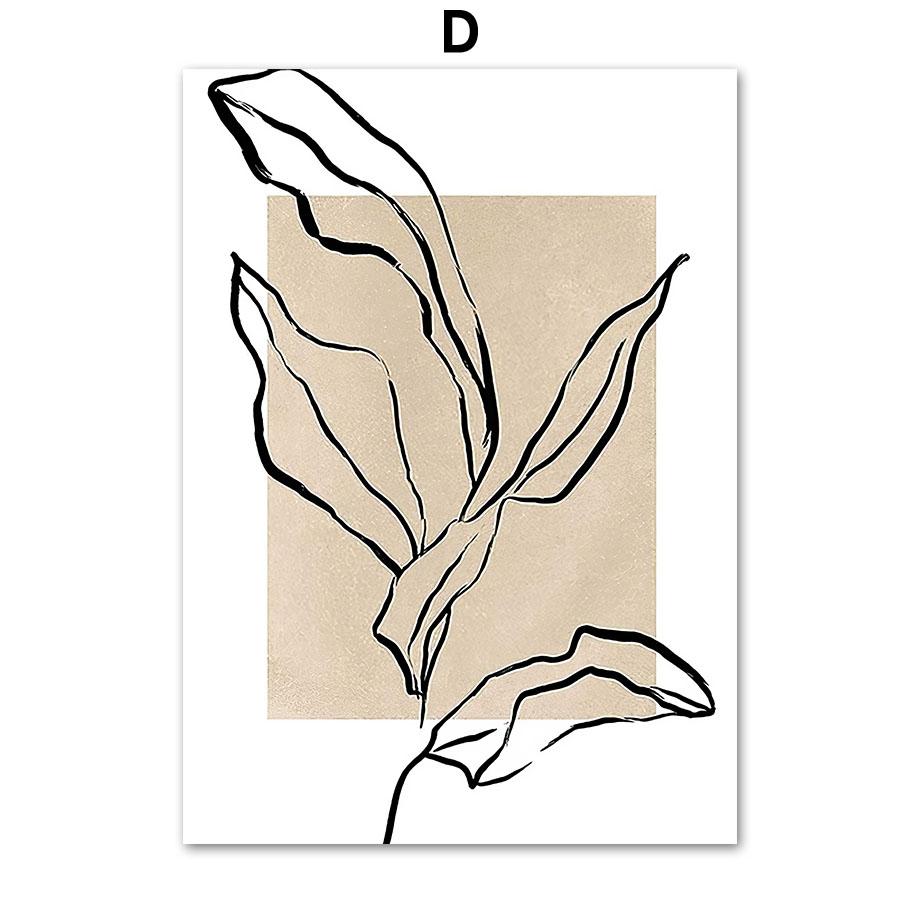 Beige Abstract Line Drawing Leaf Sun Natural Plant Boho Posters And Prints Canvas Painting Wall Art Pictures Living Room Decor