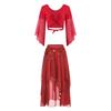 Womens Belly Dance Costume V Neck Lace Up 3/4 Tulle Flare Sleeve Crop Top Sequin Beaded Chiffon Skirt