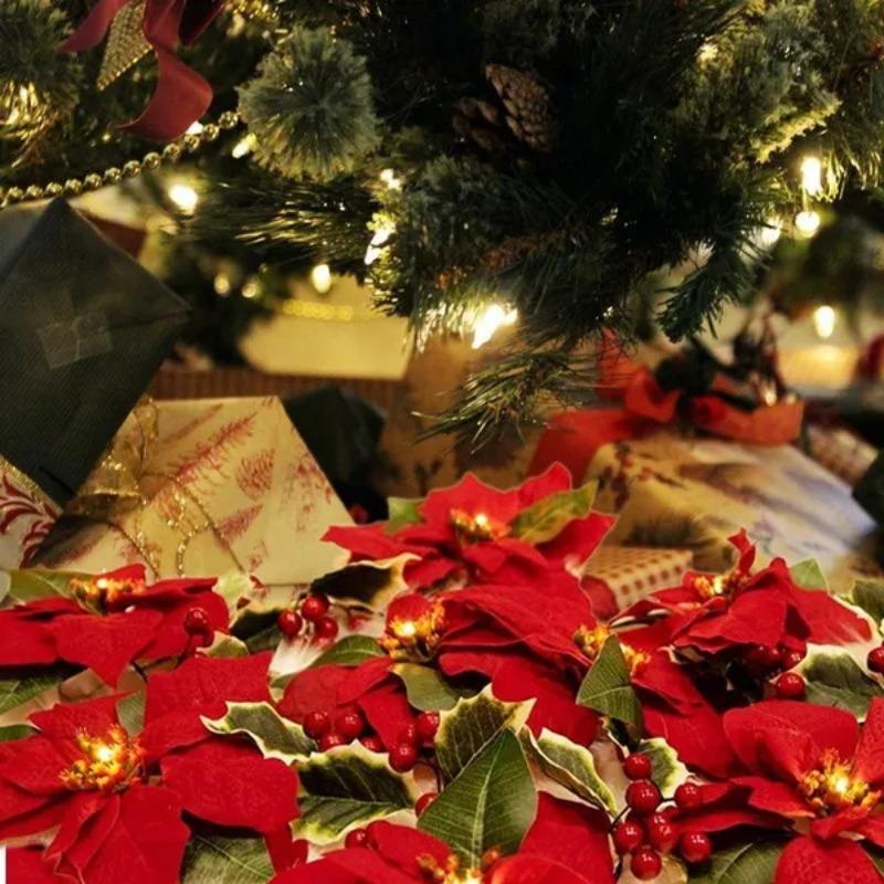 1 шт. 10/20 огней, рождественские цветы, украшения, гирлянды, гирлянды-искусственные украшения, декор для вечеринки в помещении/на открытом воздухе с красными ягодами, листьями падуба