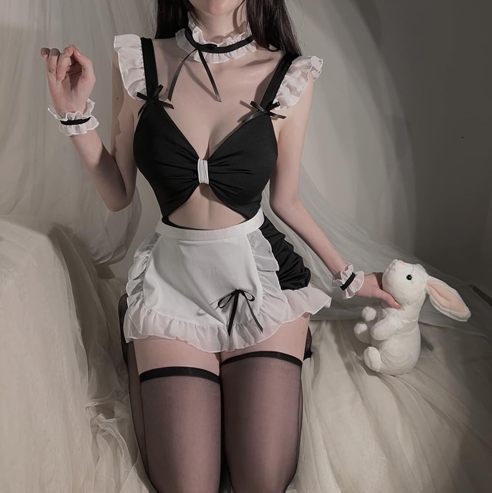 Косплей Сексуальная горничная Открытый чрезвычайно эротический комплект на Хэллоуин [YUEEI] Униформа, Грудь, Черный, Розовый, Прозрачный, Открытые плечи, Оборки, Сексуальный, Фартук, Костюм,