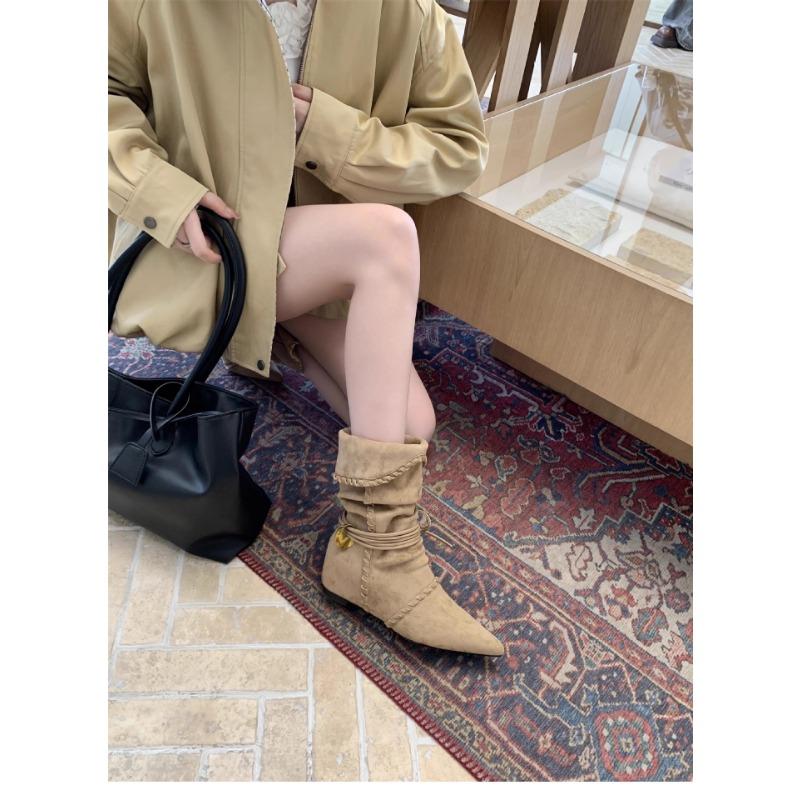Inner Height Increasing Pointed Suede Skinny Medium Knight Boots Women's Boots Autumn Winter Western Cowboy Pile Boots
