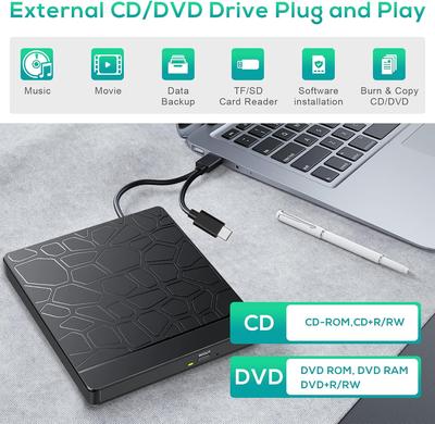 Внешний CD DVD привод со слотом SD TF и USB портами, USB 3.0 Type-C портативный CD DVD +/-RW привод чтения записи для ноутбука